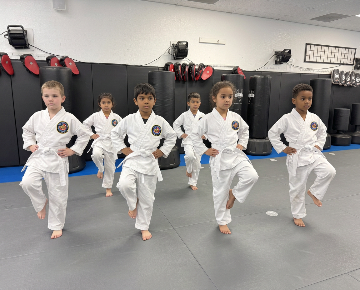 AI-created stock-style image of fictional children ages 5–6 practicing balance in white gis with academy-logo patches in the reference-inspired dojo
