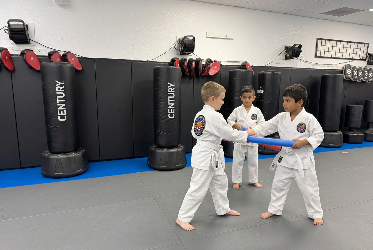 AI-created stock-style image of fictional children ages 5–6 in white gis with academy-logo patches