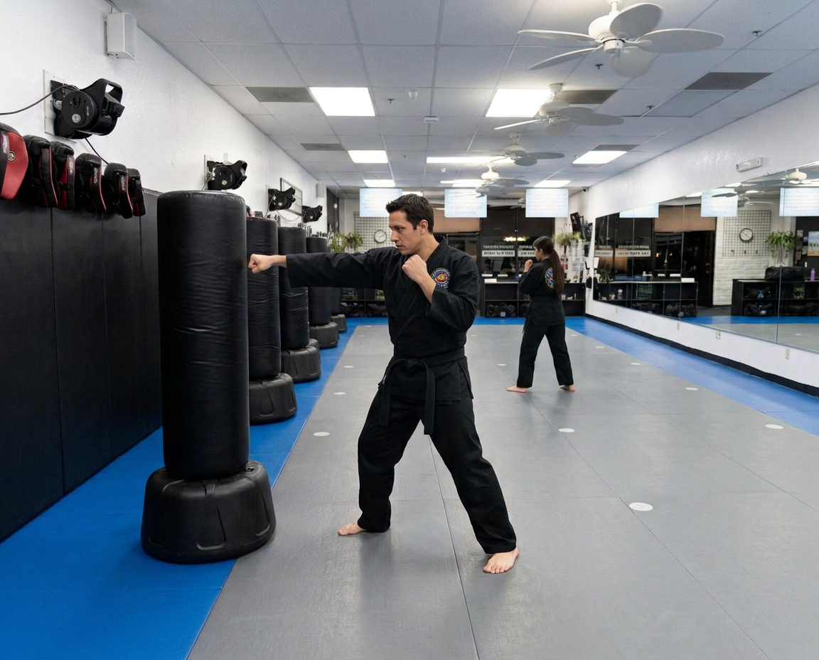 AI-generated illustration of an adult practicing a punch on a heavy bag in a dojo inspired by the academy reference photos