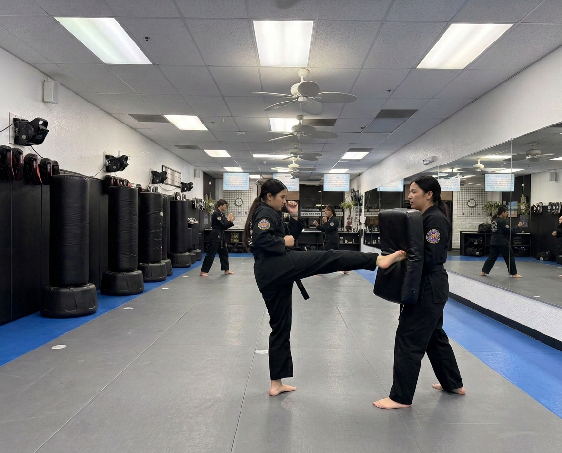 AI-generated illustration of a teen practicing a controlled kick into a shield in a dojo inspired by the academy reference photos